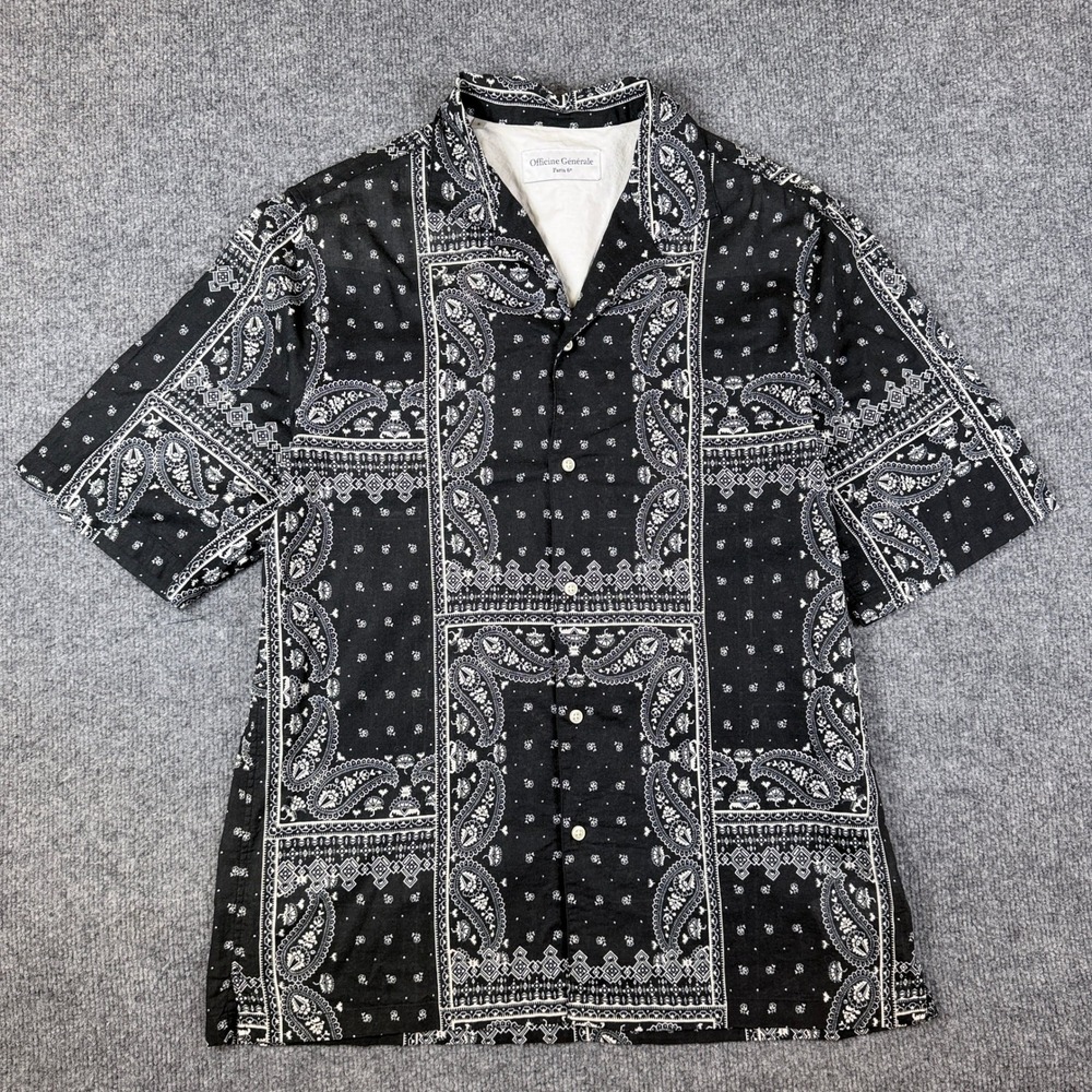 Officine Generale Shirt Mens S Black White Bandana Camp Short Sleeve Button Up